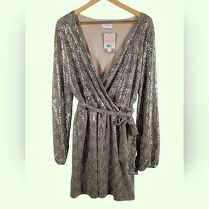 Adrienne Silver Sequin Snake Pattern Midi Dress Sz L NWT